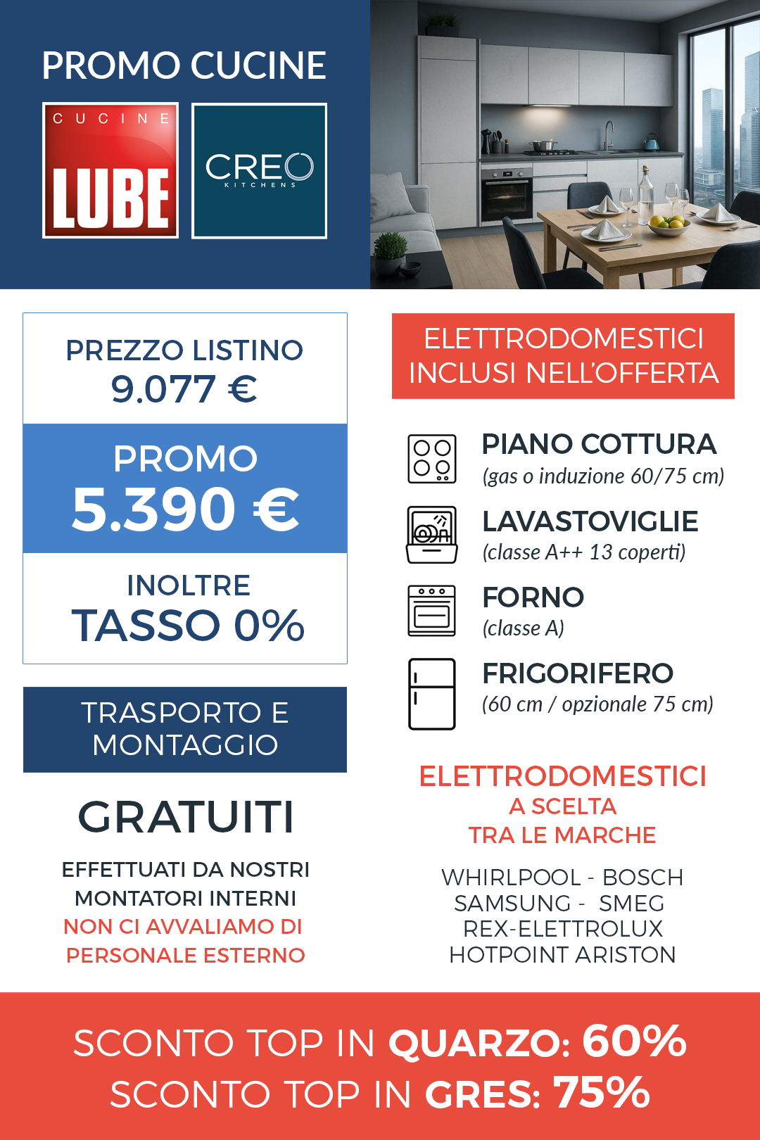 Promozione Cucine Lube e Creo con Lavatrice, asciugatrice o microonde in OMAGGIO