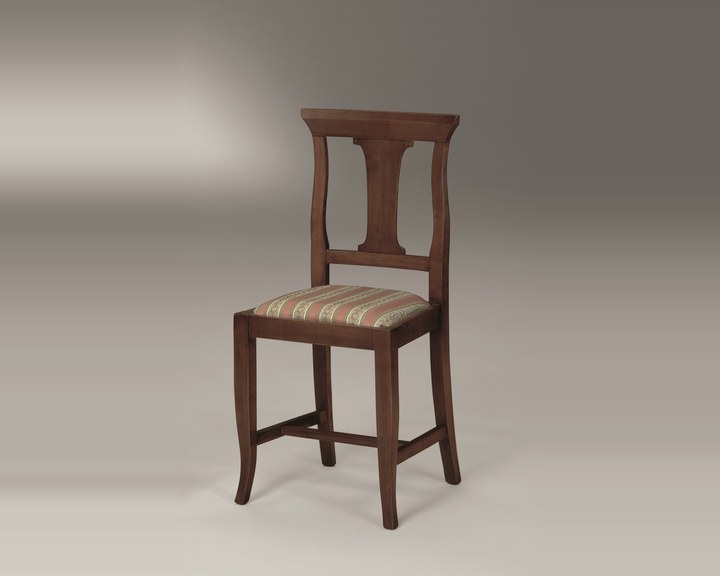 Sedia con stecca svasata in arte povera, finitura noce, con il fondino tappezzato a righe