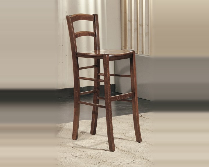 Sgabello alto con schienale in arte povera, finitura noce, con la seduta in legno