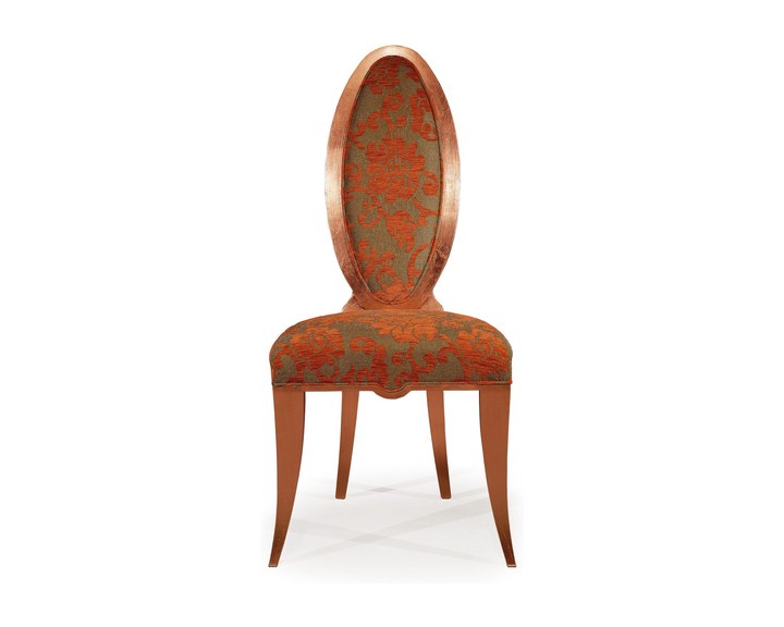 Sedia con schienale ovale in arte povera, in foglia rame, tappezzata in damascato arancio
