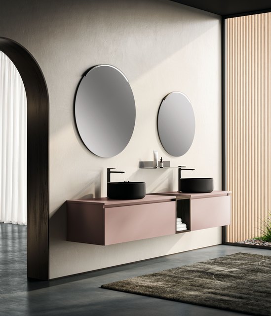 Due postazioni lavabo asimmetriche sospese