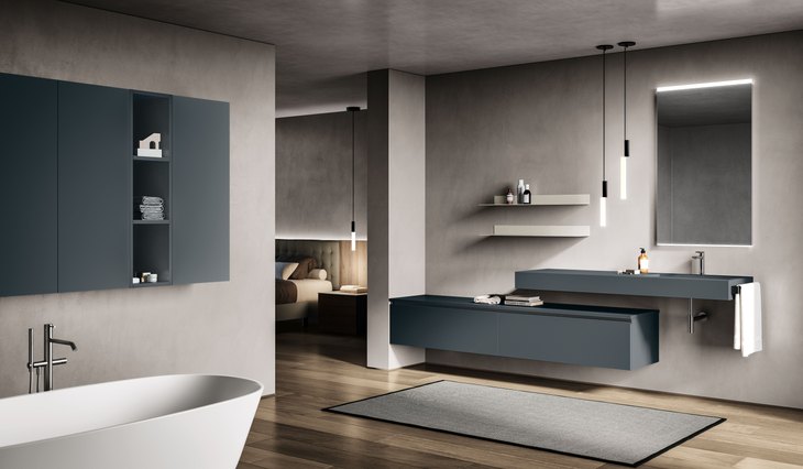 Bagno con top in Fenix e semicolonne pensili