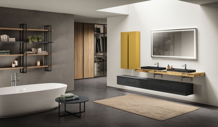 Bagno con top in legno di Bricola e colonne color Zolfo
