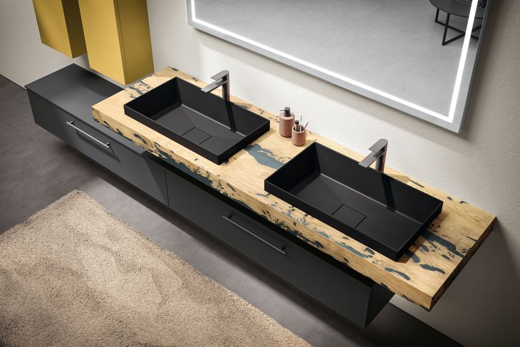 Doppio lavabo nero a incasso su top in Bricola