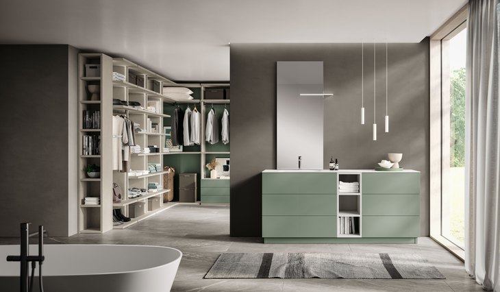 Bagno push-pull color Pino con cabina armadio