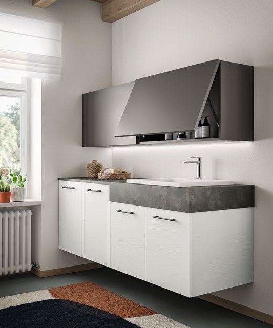 Base lavanderia con pensile e piano effetto cemento