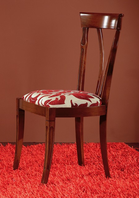 Sedia con schienale a forcella in arte povera, finitura noce, con la seduta imbottita