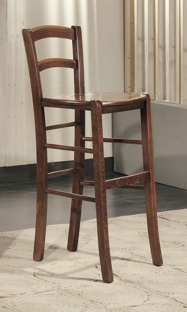 Sgabello alto con schienale in arte povera, finitura noce, con la seduta in legno