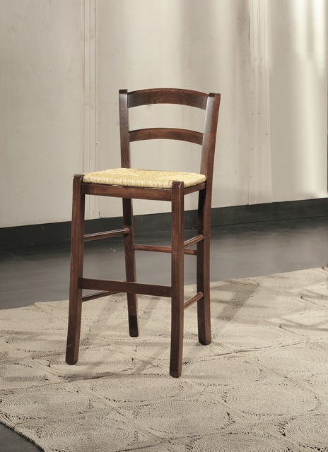 Sgabello da cucina con schienale in arte povera, finitura noce, con la seduta in paglia