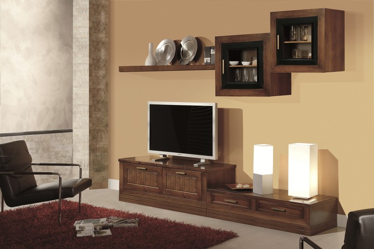 Parete TV con pensili quadrati in arte povera, noce, vetri con telaio nero, base con ante a doghe