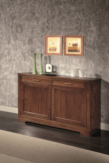 Credenza lineare 2 ante in arte povera, finitura noce, con 2 cassetti e le ante lisce