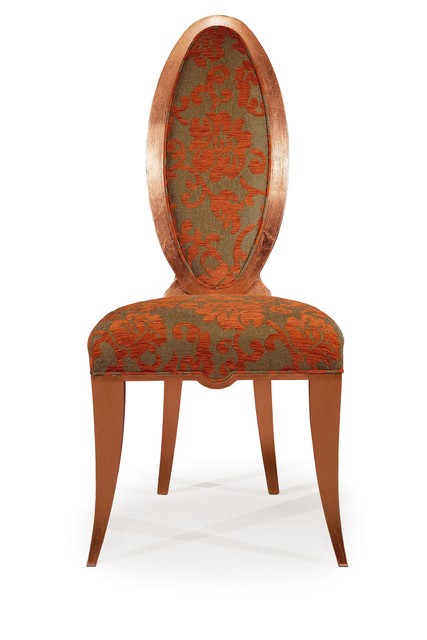 Sedia con schienale ovale in arte povera, in foglia rame, tappezzata in damascato arancio