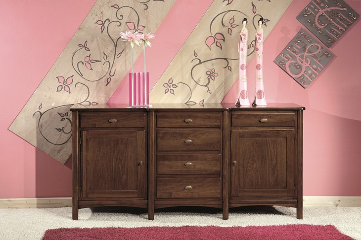 Credenza classica in legno con 6 cassetti e 2 ante, in noce, a corpo avanzato
