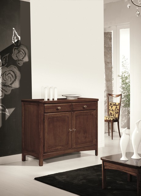 Credenza classica in legno con base sagomata, in noce, con 2 ante e 2 cassetti