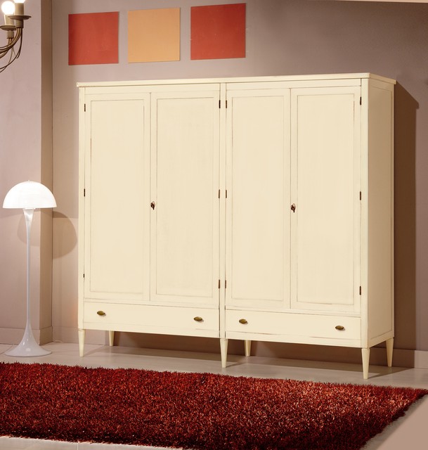 Armadio classico in legno con gambe affusolate, a 4 ante, laccato avorio, con 2 cassetti