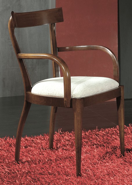 Poltroncina classica in legno con braccioli, in noce, con la seduta imbottita bianca