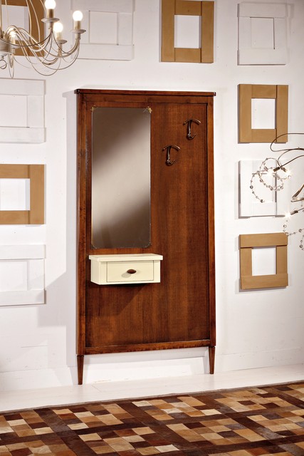 Mobile da ingresso classico in legno con specchio, in noce, con due appendiabiti e un cassetto