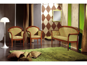 Divanetto arte povera art. 2208 e due poltrone art. 2209 in noce con tessuto verde a fiori